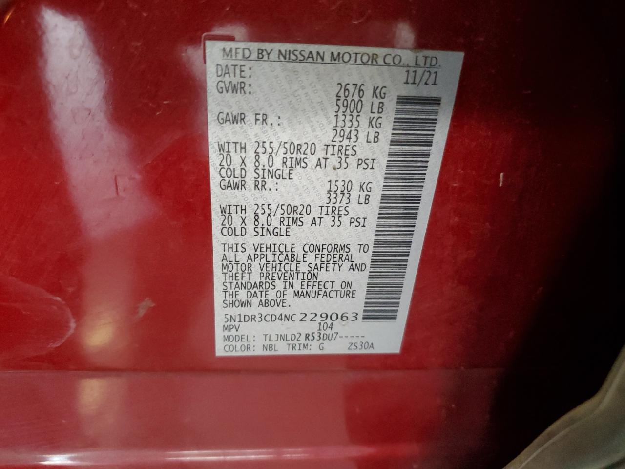 2022 Nissan Pathfinder Sl VIN: 5N1DR3CD4NC229063 Lot: 85858325