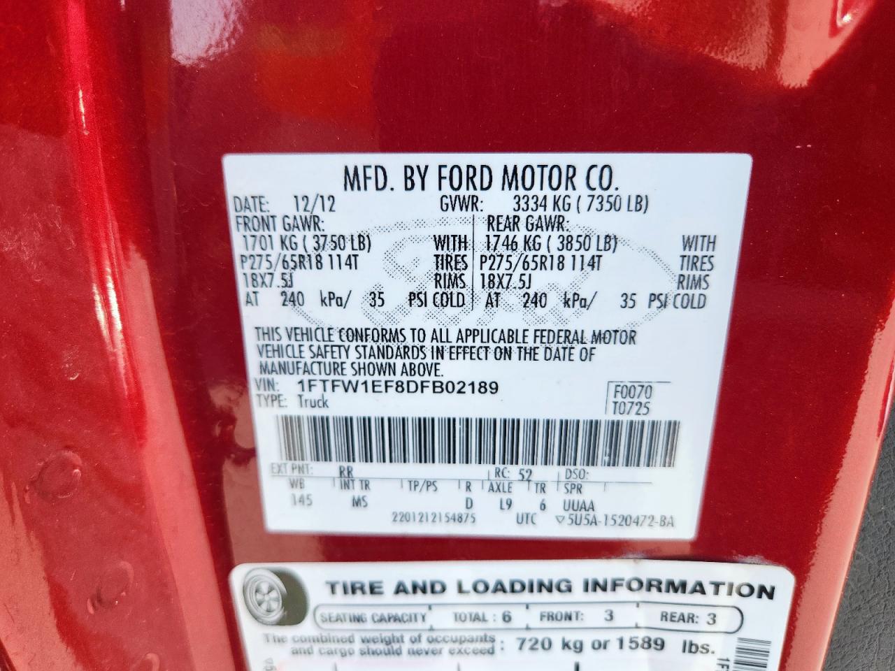 2013 Ford F150 Supercrew VIN: 1FTFW1EF8DFB02189 Lot: 82472155