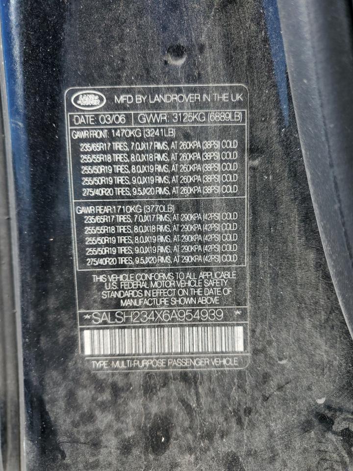 2006 Land Rover Range Rover Sport Supercharged VIN: SALSH234X6A954939 Lot: 91147395