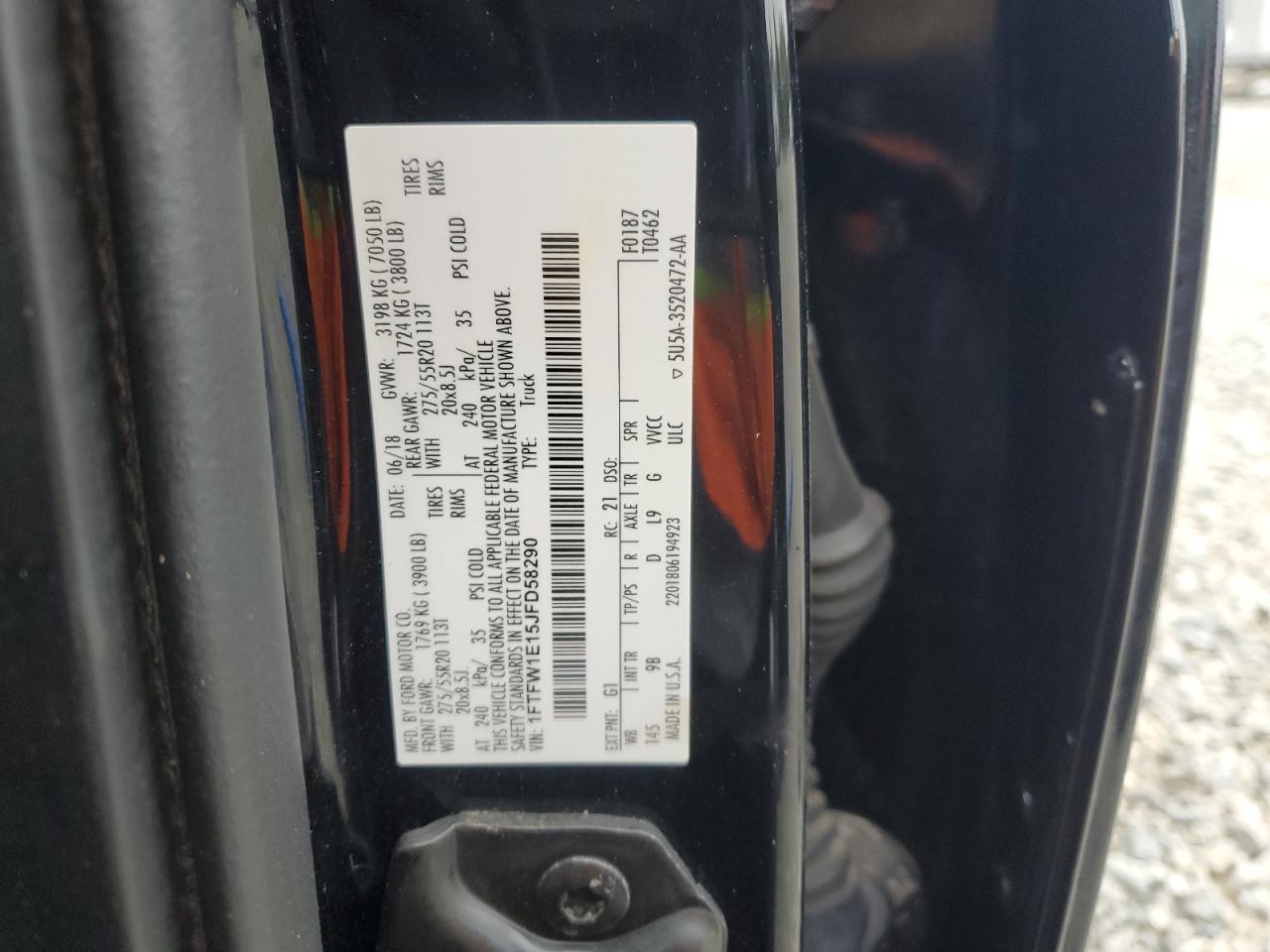 2018 Ford F150 Supercrew VIN: 1FTFW1E15JFD58290 Lot: 89923855