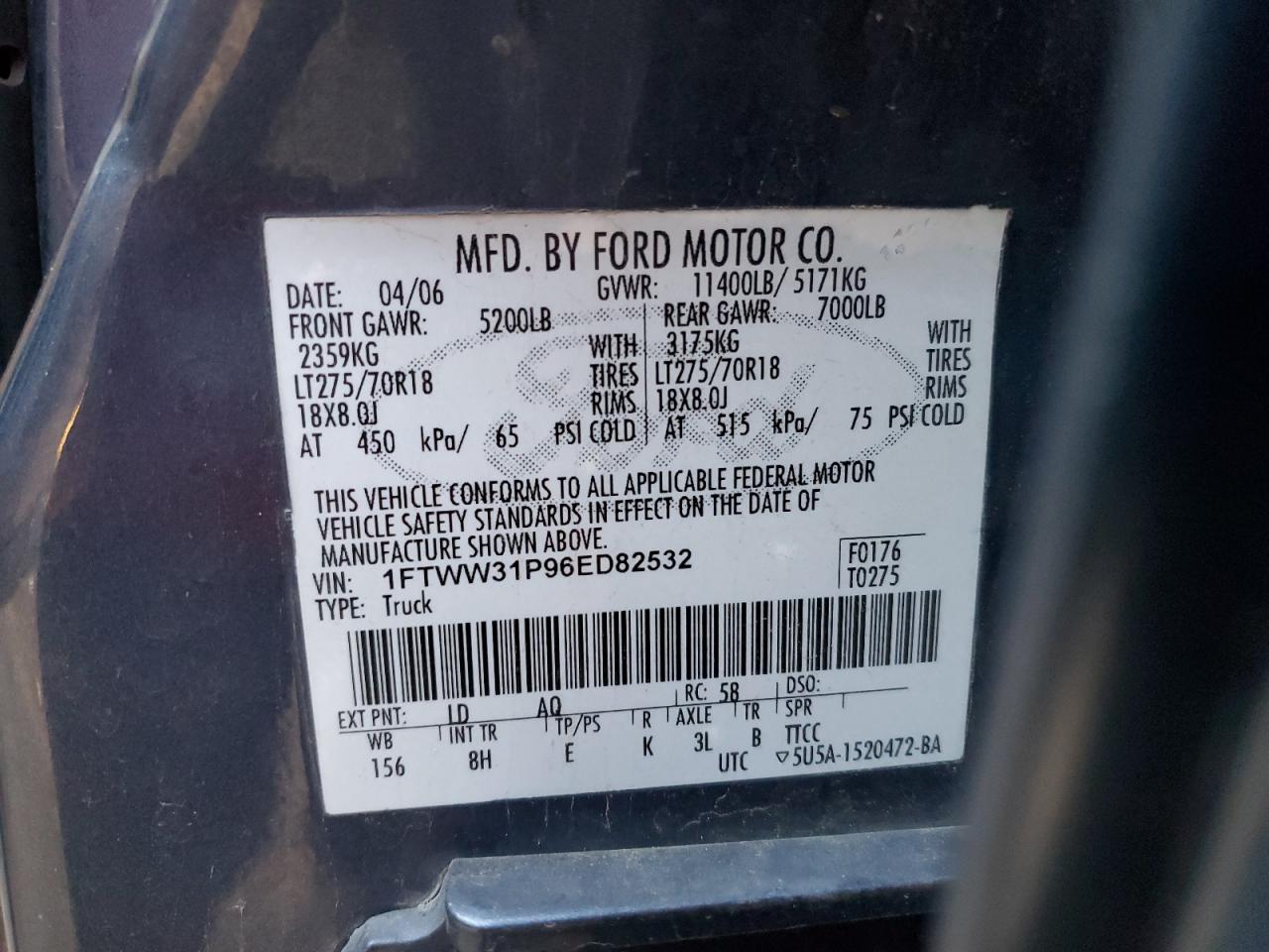 2006 Ford F350 Srw Super Duty VIN: 1FTWW31P96ED82532 Lot: 82443045