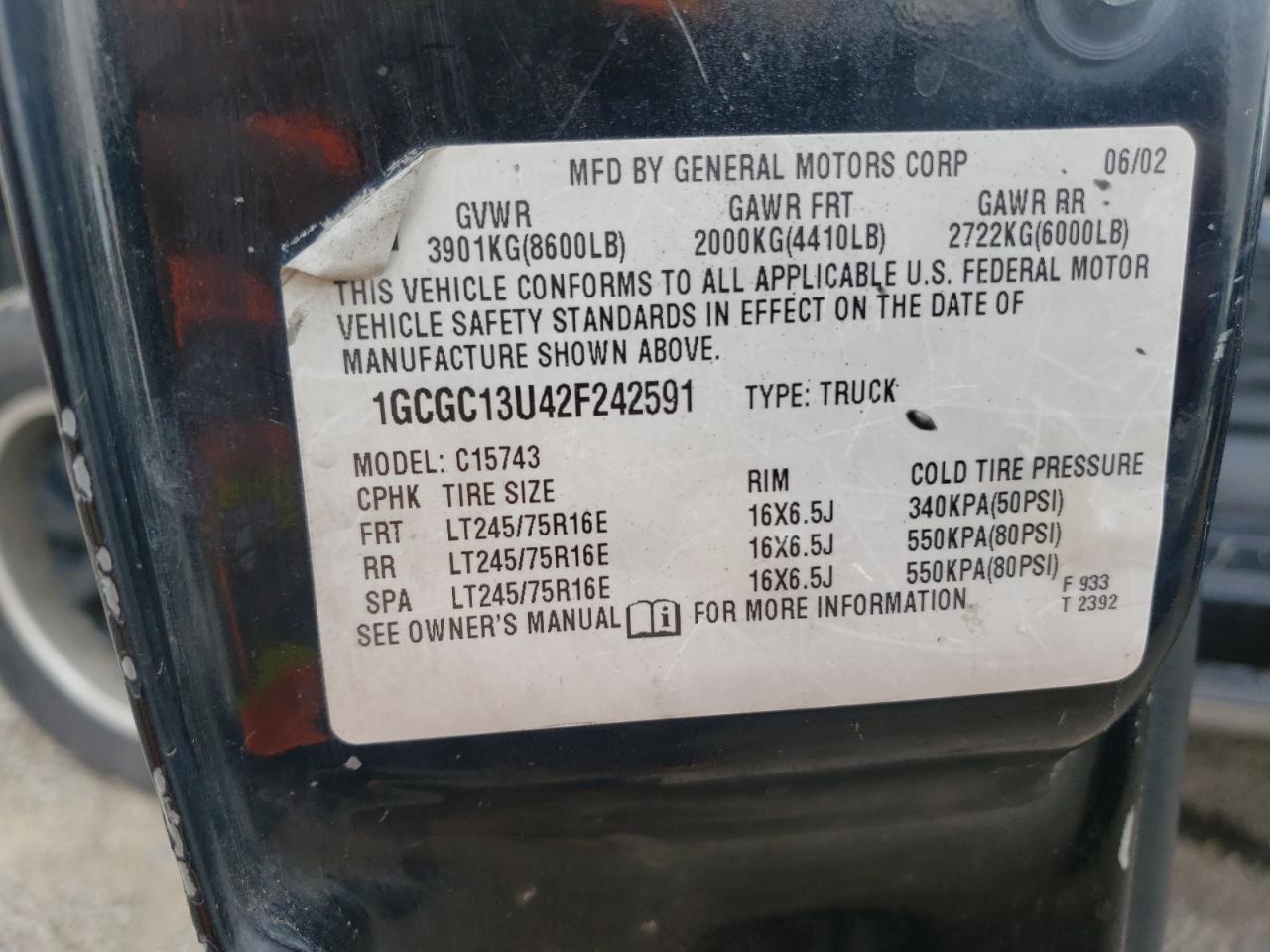 2002 Chevrolet Silverado C1500 Heavy Duty VIN: 1GCGC13U42F242591 Lot: 86804115