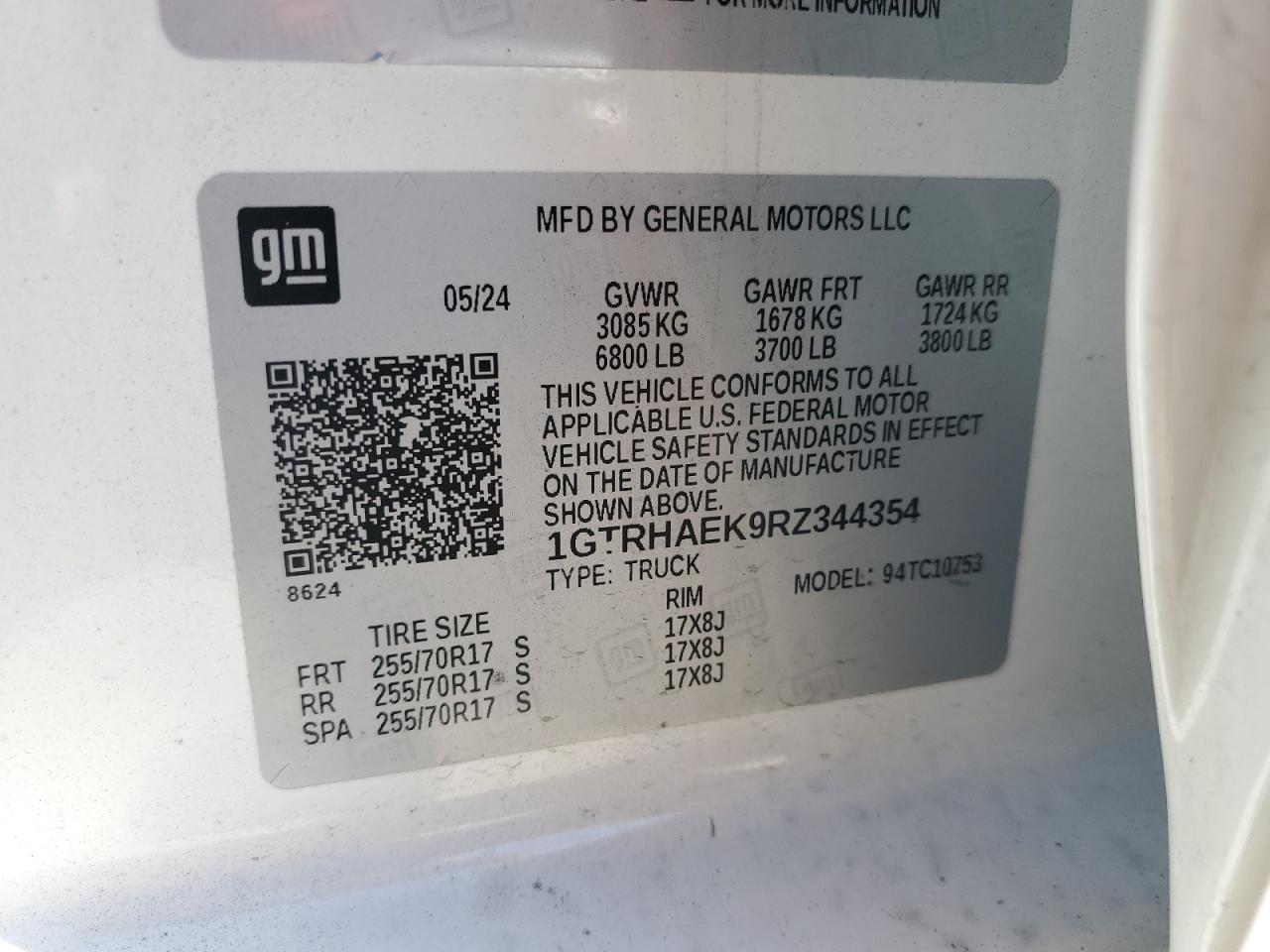 2024 GMC Sierra C1500 VIN: 1GTRHAEK9RZ344354 Lot: 85147455