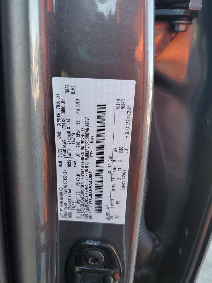 2022 Ford F150 Supercrew VIN: 1FTFW1E8XNFA44587 Lot: 82585345