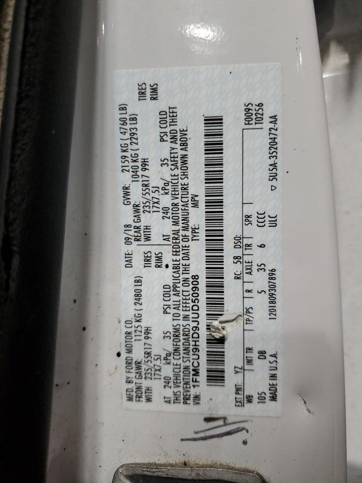 2018 Ford Escape Sel VIN: 1FMCU9HD9JUD50908 Lot: 89530445