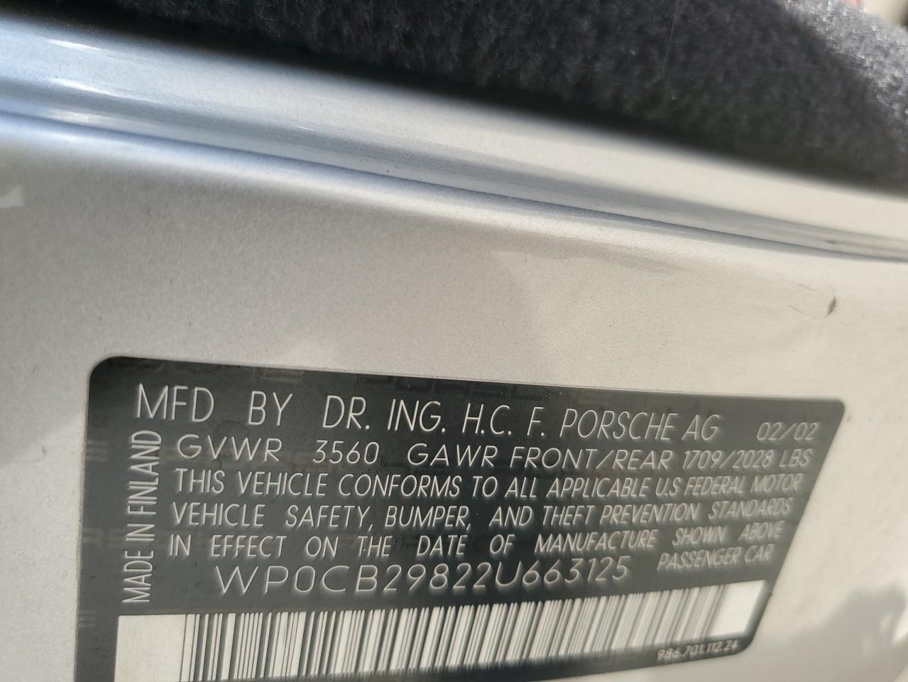 2002 Porsche Boxster S VIN: WP0CB29822U663125 Lot: 82559225