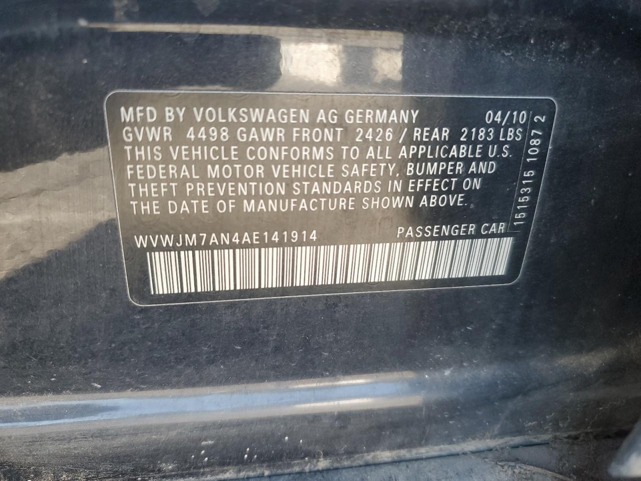 2010 Volkswagen Passat Komfort VIN: WVWJM7AN4AE141914 Lot: 82629955