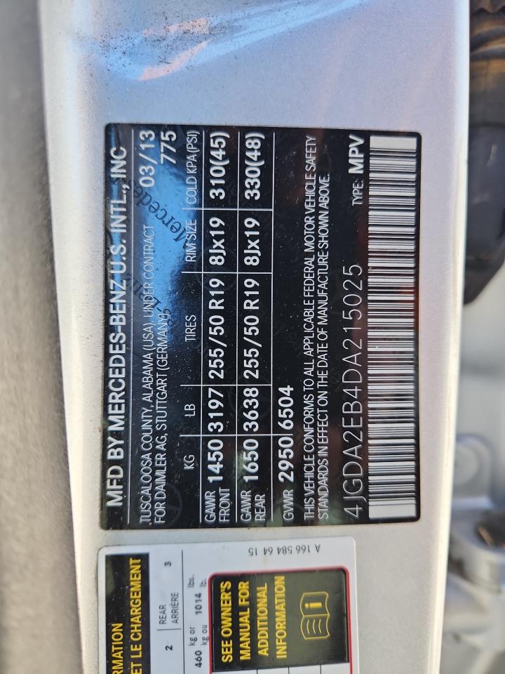 2013 Mercedes-Benz Ml 350 Bluetec VIN: 4JGDA2EB4DA215025 Lot: 86432865