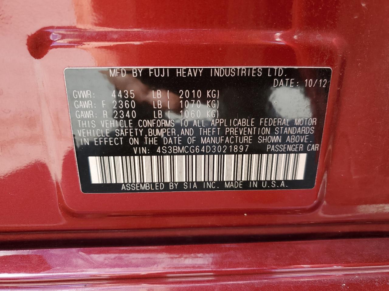 2013 Subaru Legacy 2.5I Premium VIN: 4S3BMCG64D3021897 Lot: 82455535