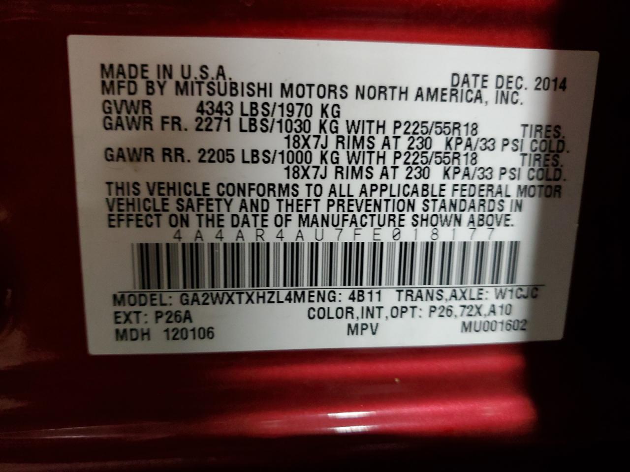 2015 Mitsubishi Outlander Sport Se VIN: 4A4AR4AU7FE018177 Lot: 84585175