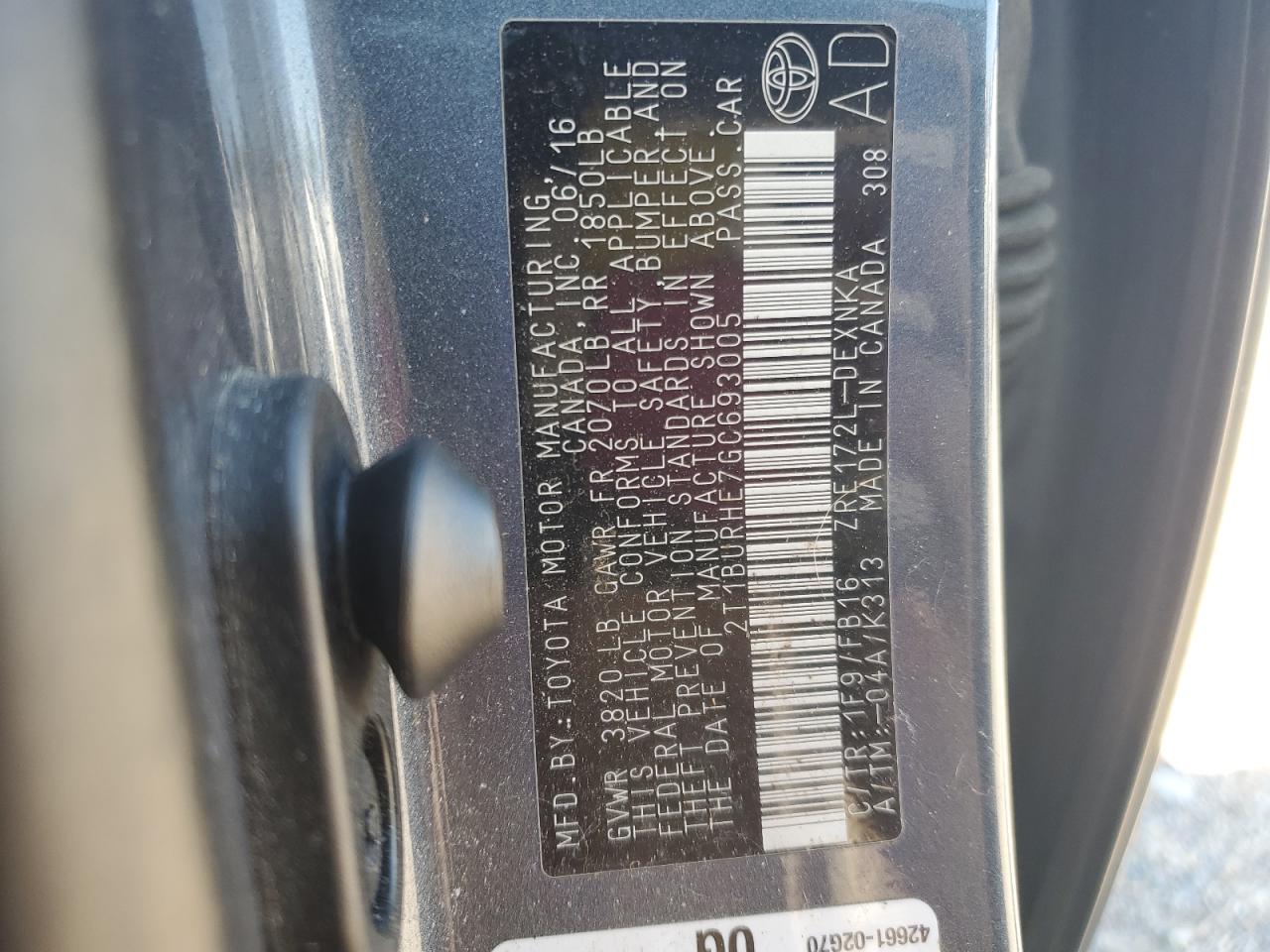 2016 Toyota Corolla L VIN: 2T1BURHE7GC693005 Lot: 96385305