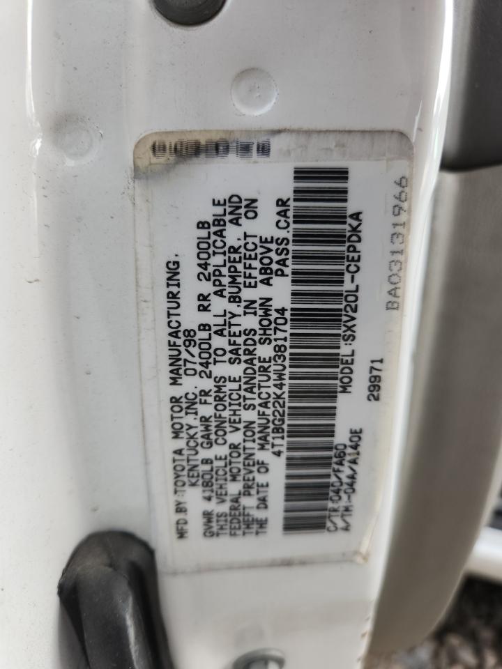 1998 Toyota Camry VIN: 4T1BG22K4WU381704 Lot: 82344075