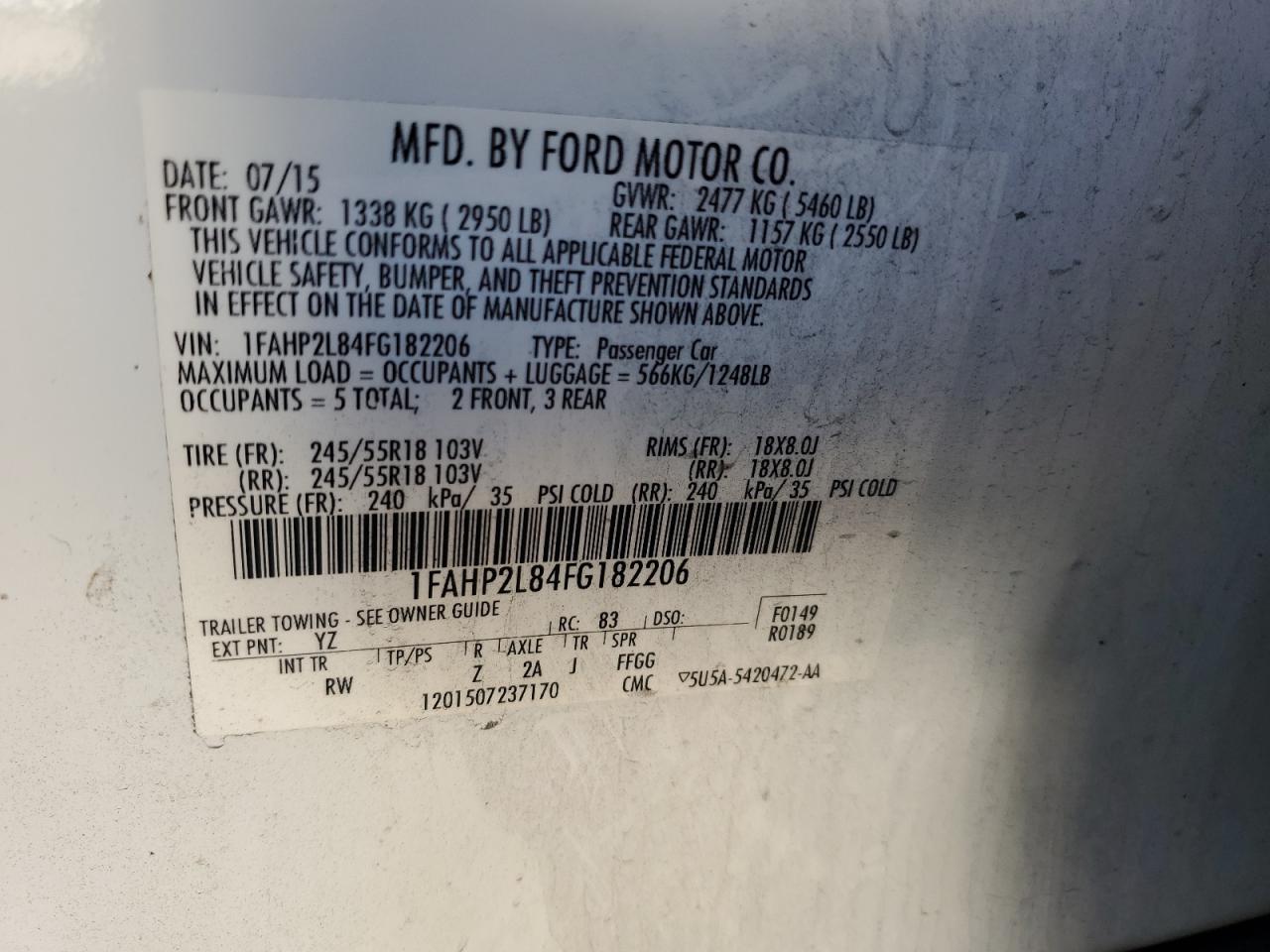 2015 Ford Taurus Police Interceptor VIN: 1FAHP2L84FG182206 Lot: 84623085