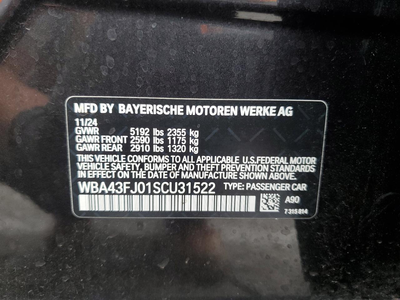 2025 BMW 530 I VIN: WBA43FJ01SCU31522 Lot: 82217885