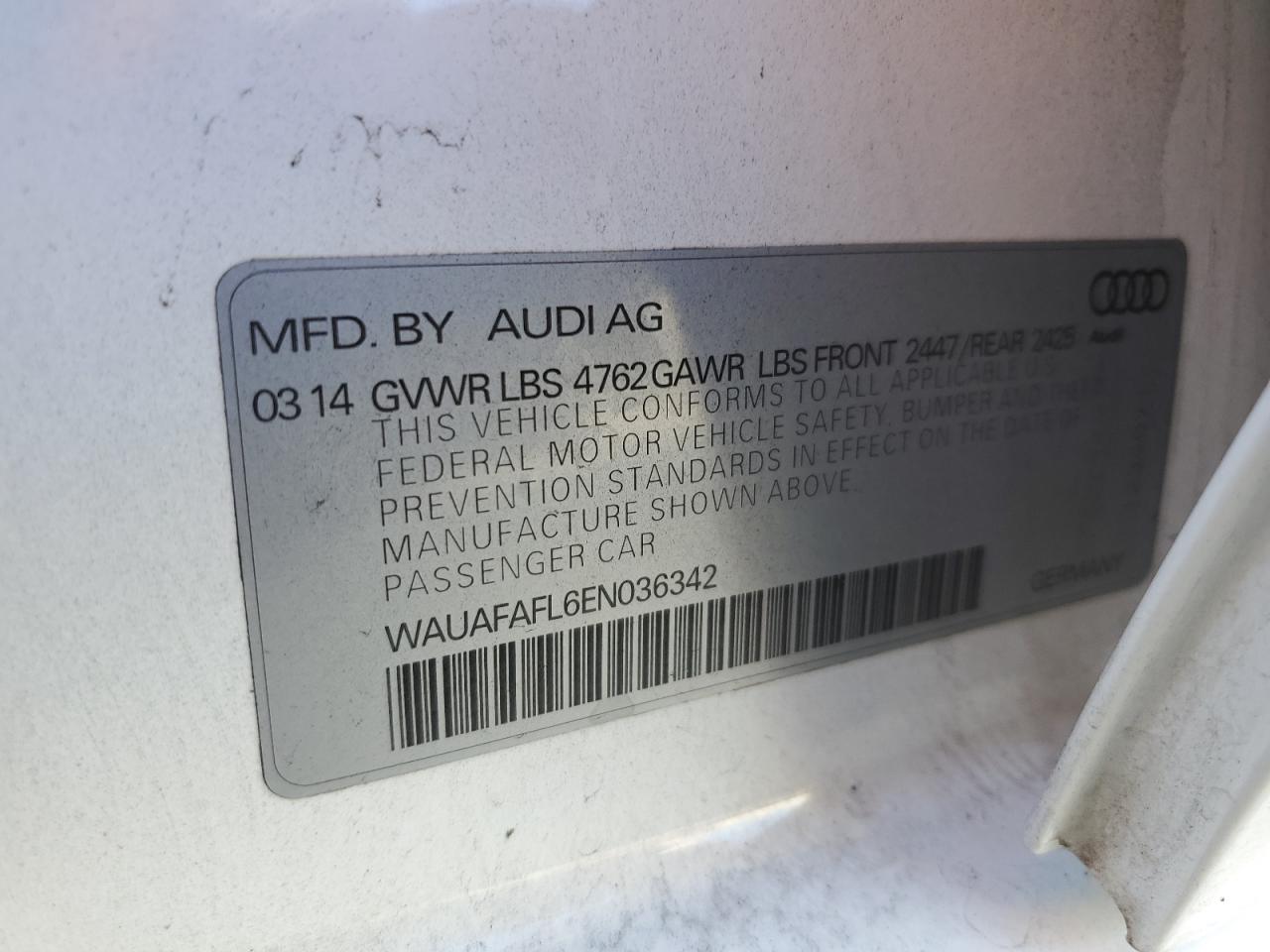 2014 Audi A4 Premium VIN: WAUAFAFL6EN036342 Lot: 87059365