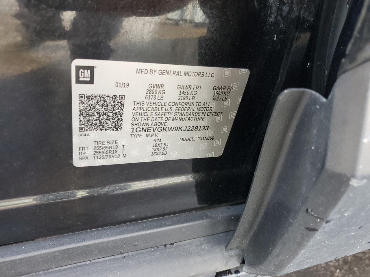 2019 Chevrolet Traverse Lt VIN: 1GNEVGKW9KJ228133 Lot: 81980085