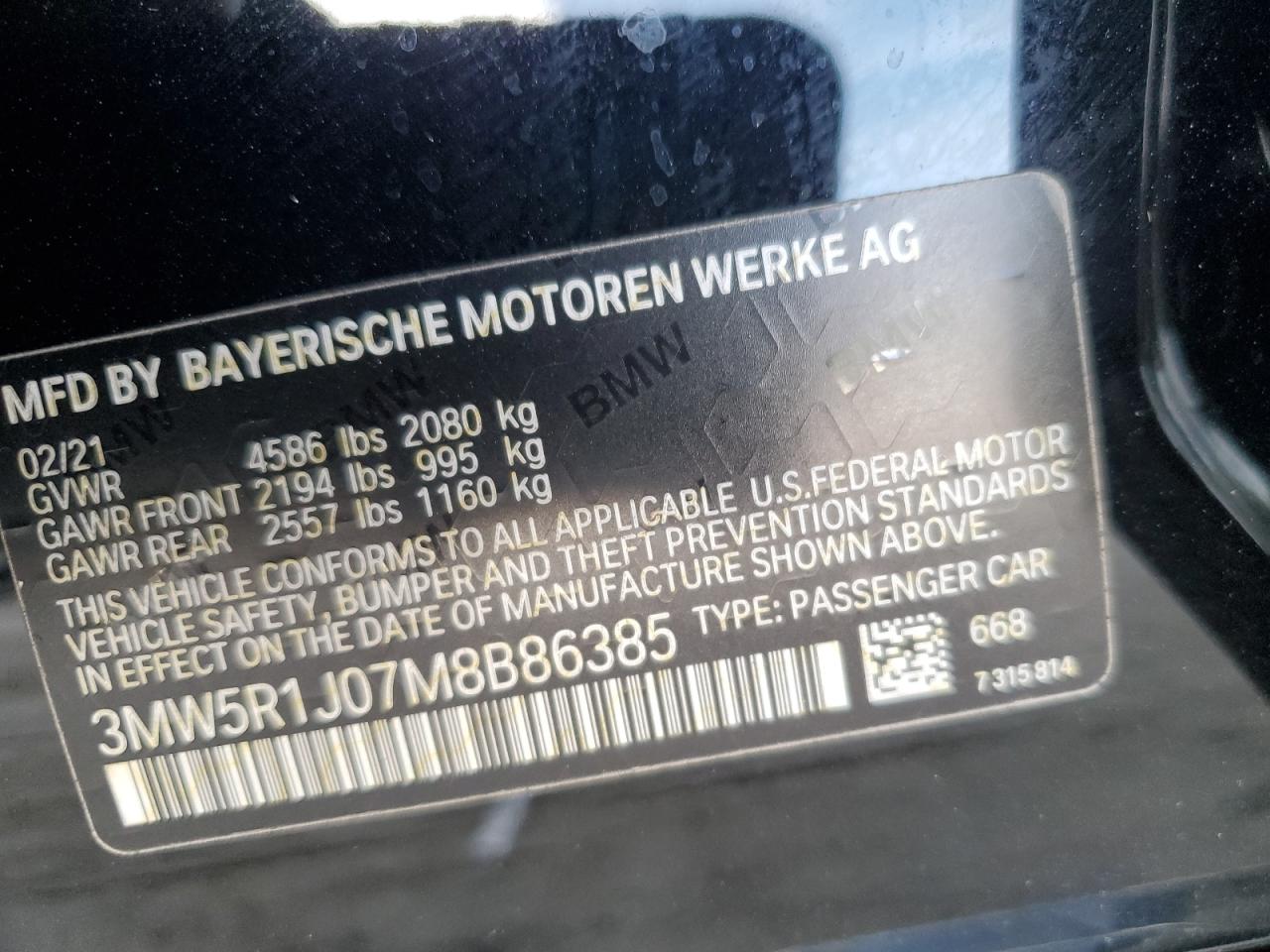 2021 BMW 330I VIN: 3MW5R1J07M8B86385 Lot: 90015735