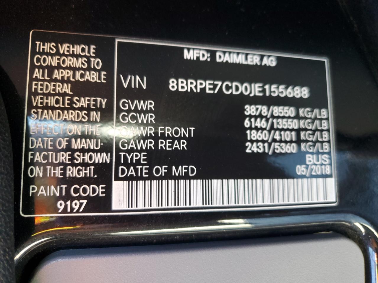 2018 Mercedes-Benz Sprinter 2500 VIN: 8BRPE7CD0JE155688 Lot: 87262245