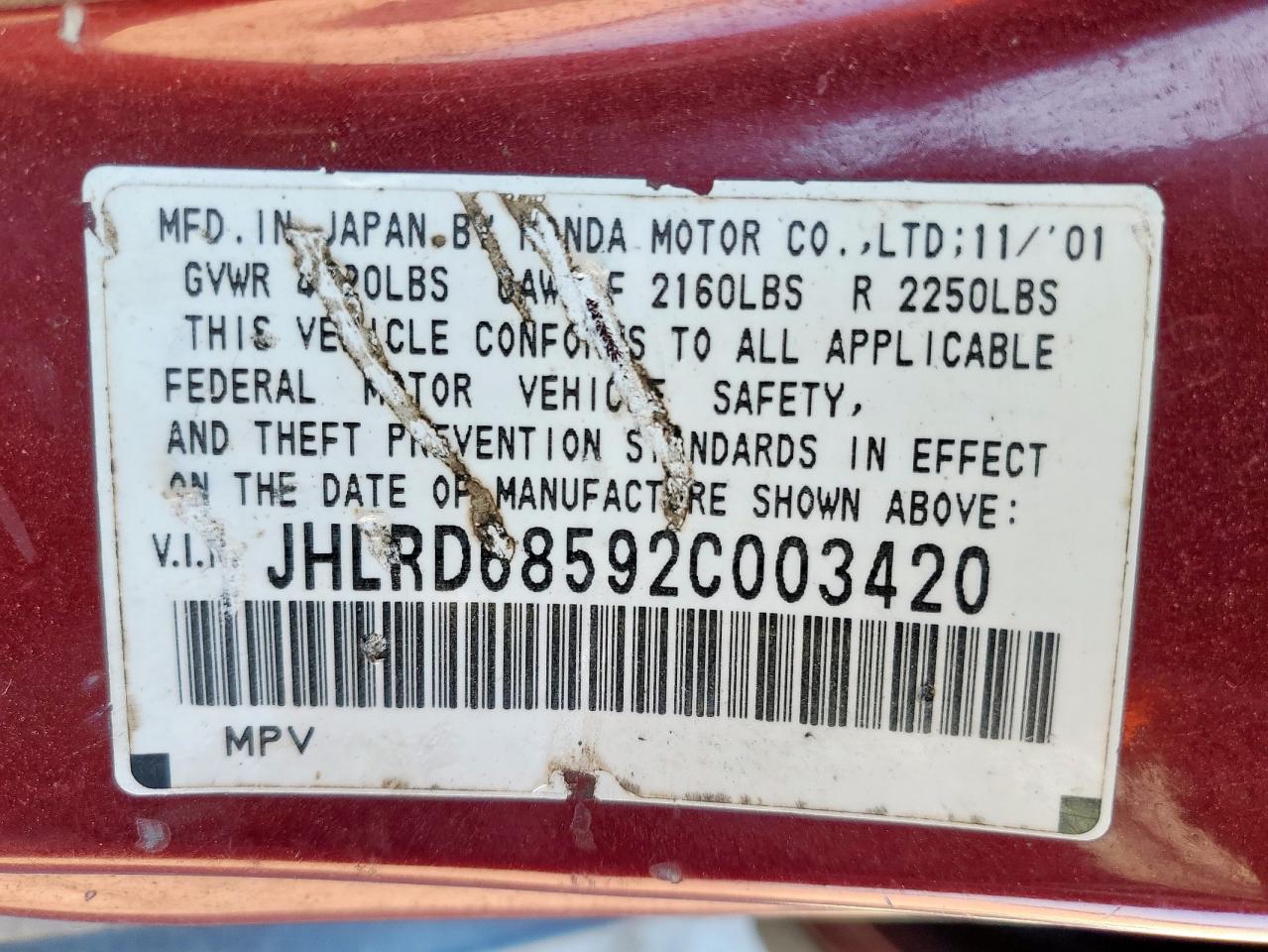 2002 Honda Cr-V Lx VIN: JHLRD68592C003420 Lot: 85827345