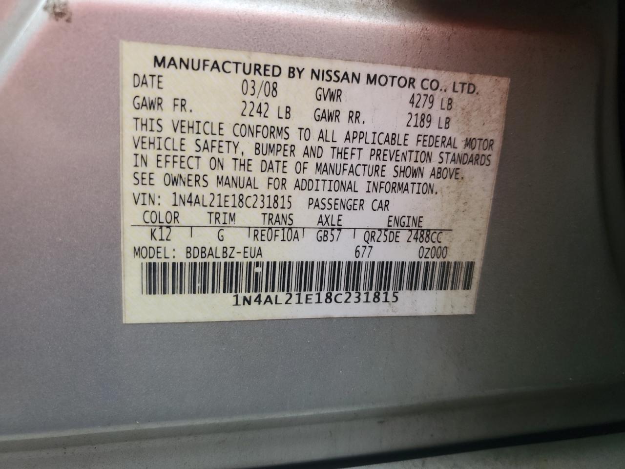 2008 Nissan Altima 2.5 VIN: 1N4AL21E18C231815 Lot: 85275655