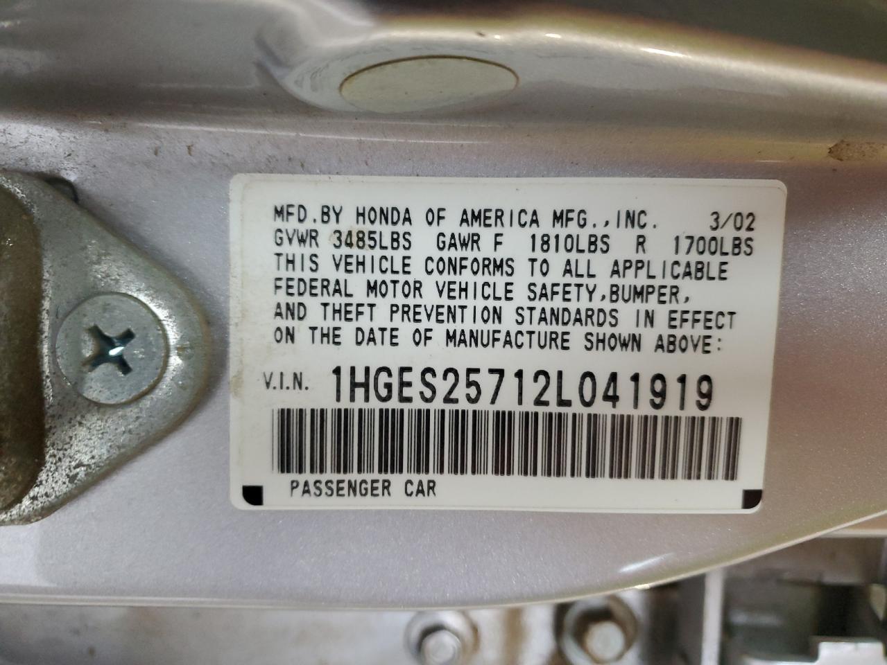 2002 Honda Civic Ex VIN: 1HGES25712L041919 Lot: 85289695