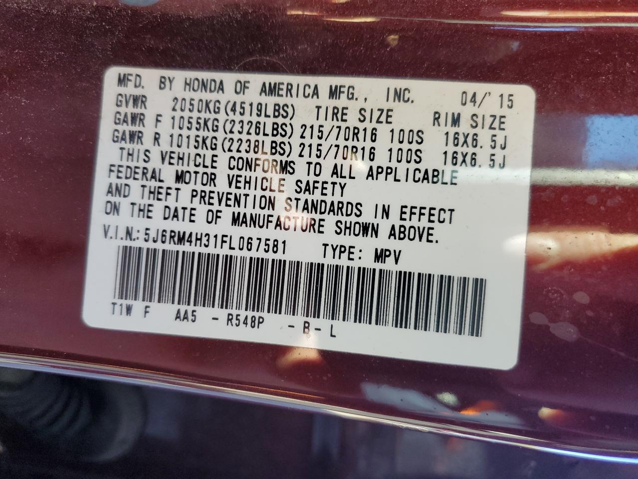 2015 Honda Cr-V Lx VIN: 5J6RM4H31FL067581 Lot: 81580535