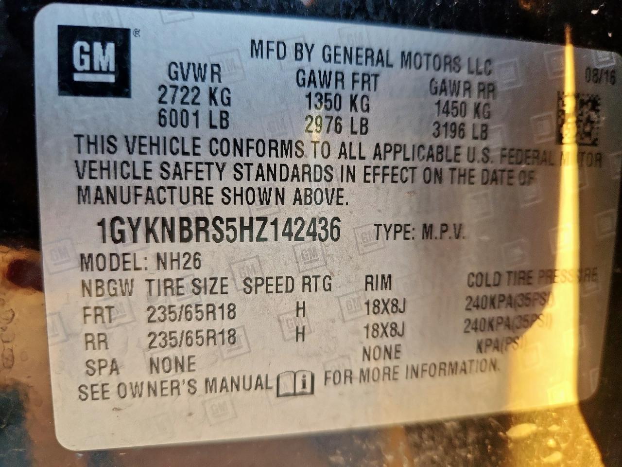 2017 Cadillac Xt5 Luxury VIN: 1GYKNBRS5HZ142436 Lot: 85208675