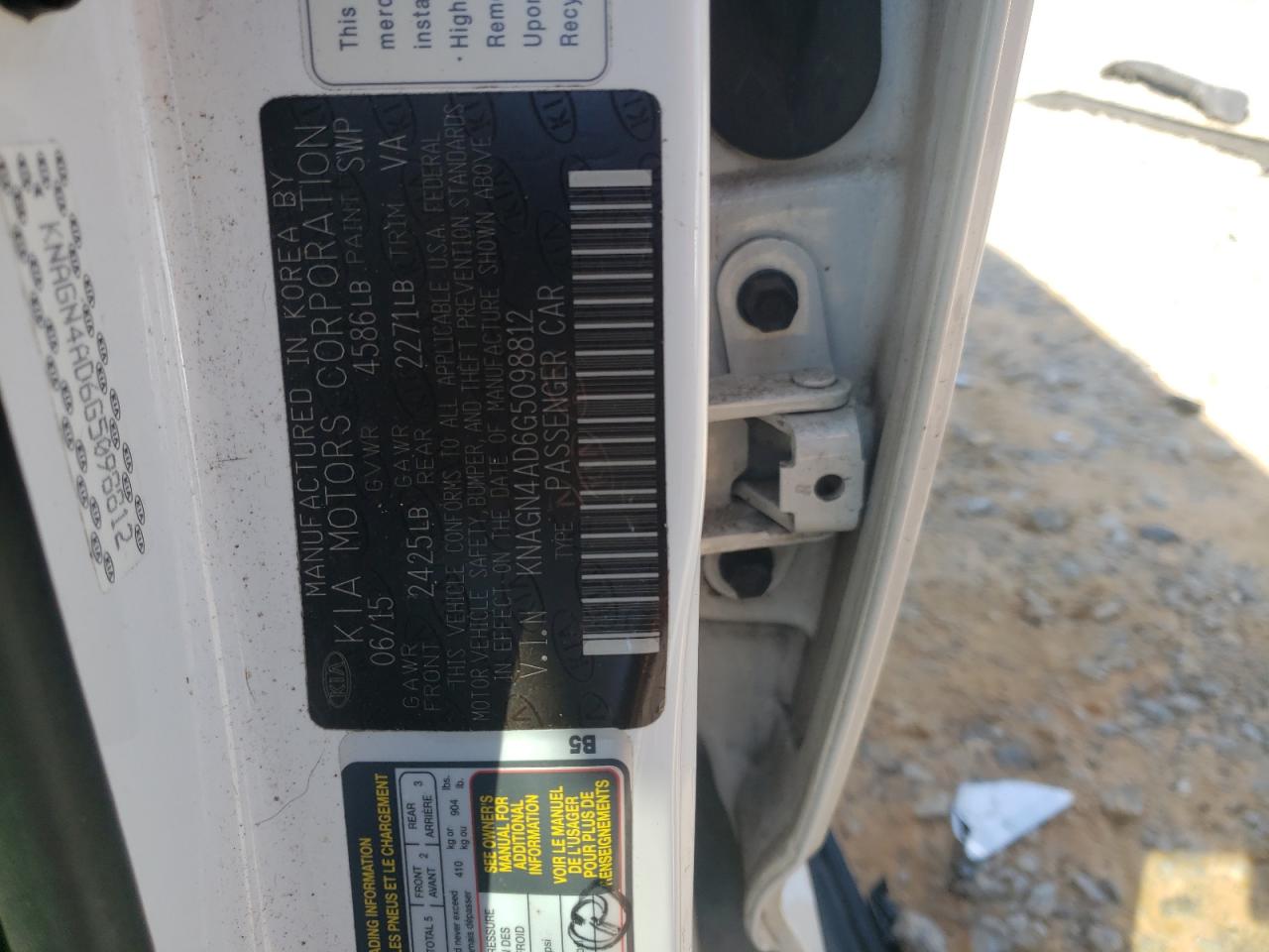 2016 Kia Optima Hybrid VIN: KNAGN4AD6G5098812 Lot: 85926175