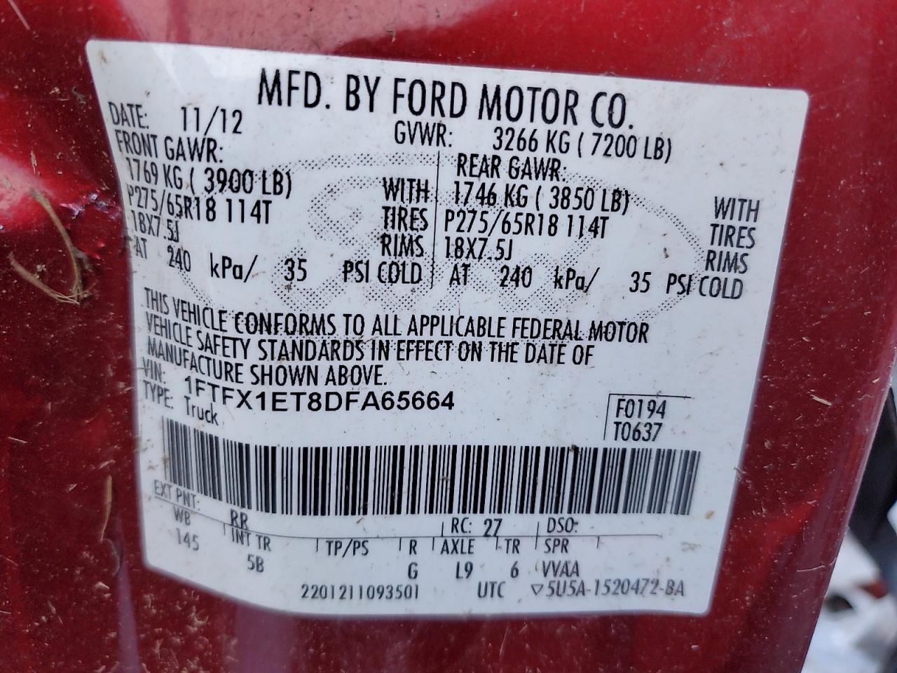 2013 Ford F150 Super Cab VIN: 1FTFX1ET8DFA65664 Lot: 86825425