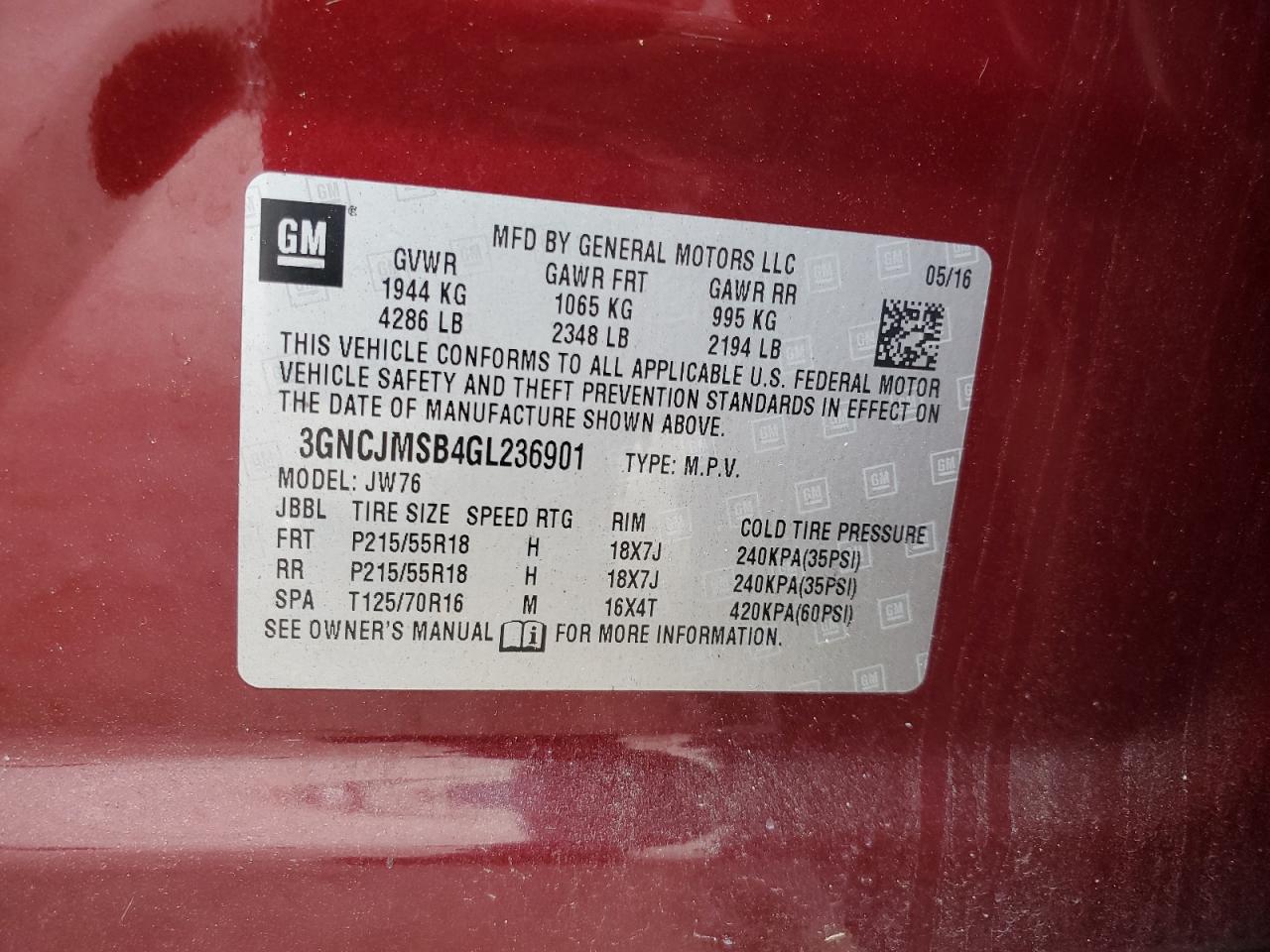 2016 Chevrolet Trax Ltz VIN: 3GNCJMSB4GL236901 Lot: 85544895