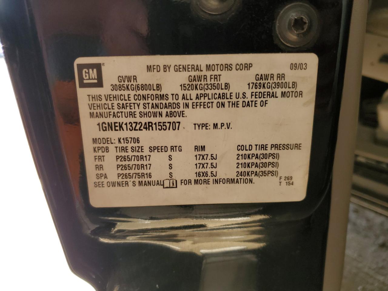 2004 Chevrolet Tahoe K1500 VIN: 1GNEK13Z24R155707 Lot: 89853595