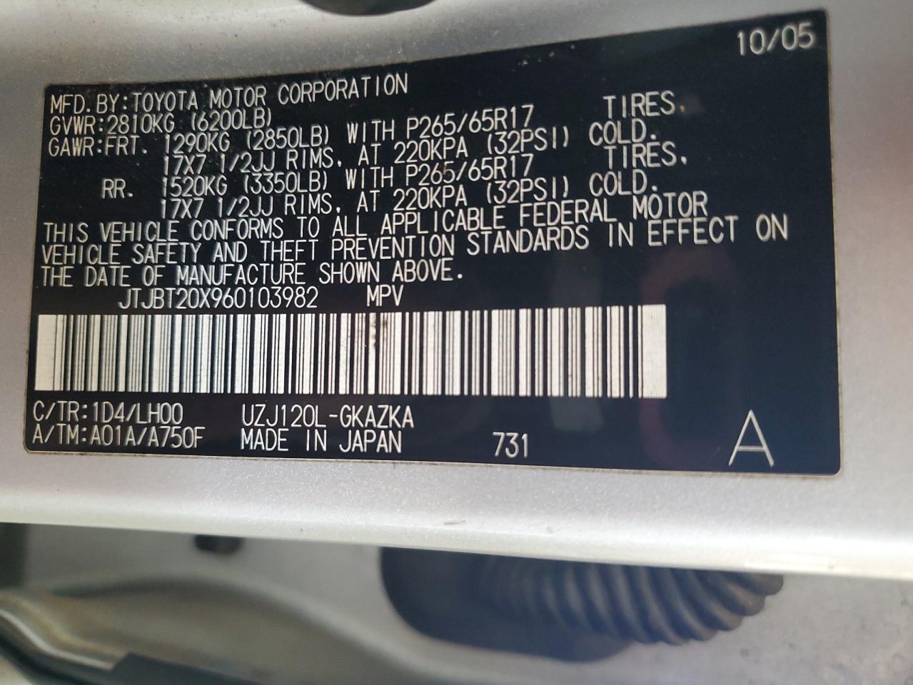 2006 Lexus Gx 470 VIN: JTJBT20X960103982 Lot: 89801765