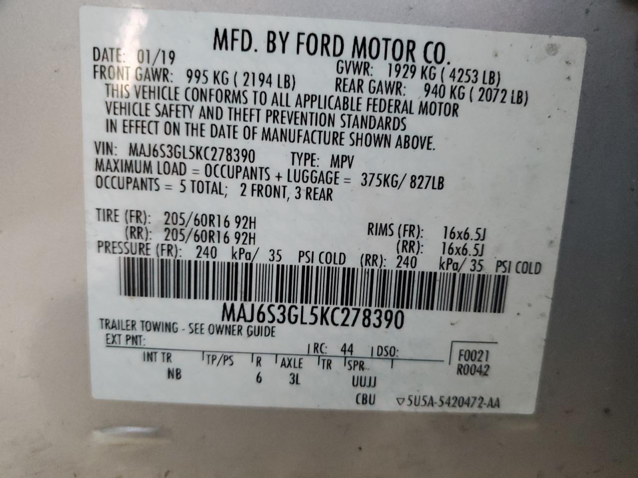 2019 Ford Ecosport Se VIN: MAJ6S3GL5KC278390 Lot: 87372615