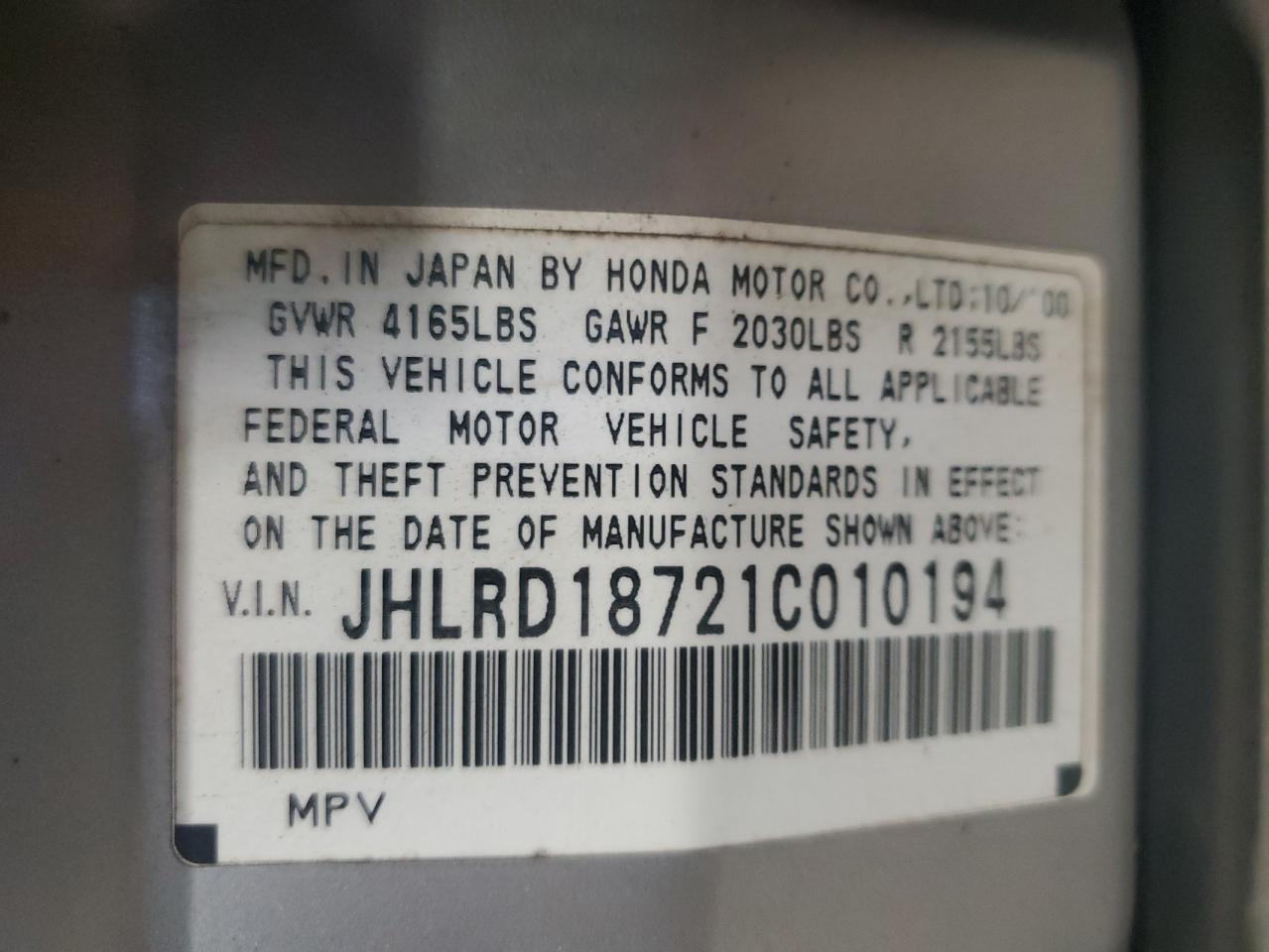 2001 Honda Cr-V Se VIN: JHLRD18721C010194 Lot: 85276525