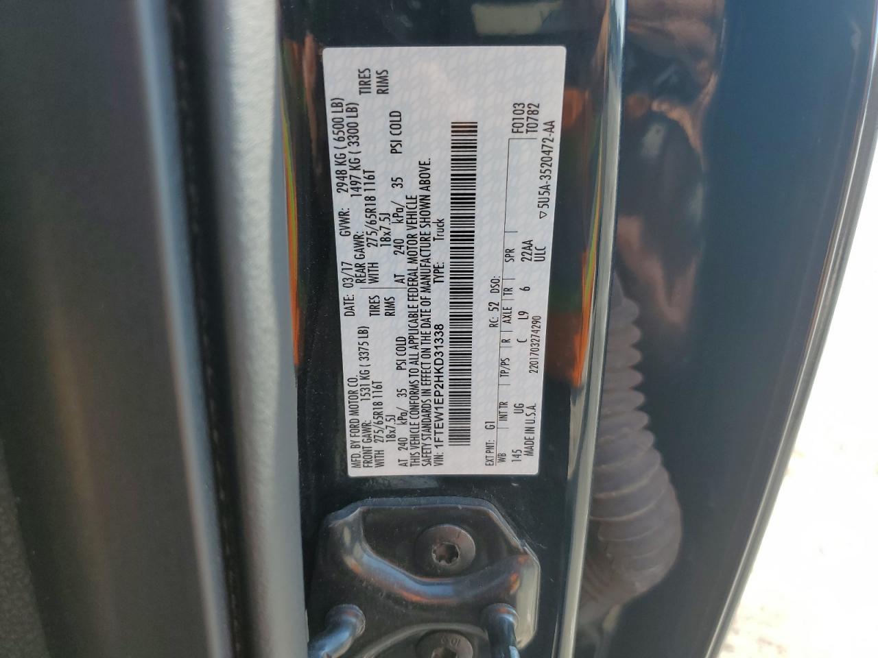 2017 Ford F150 Supercrew VIN: 1FTEW1EP2HKD31338 Lot: 86788735