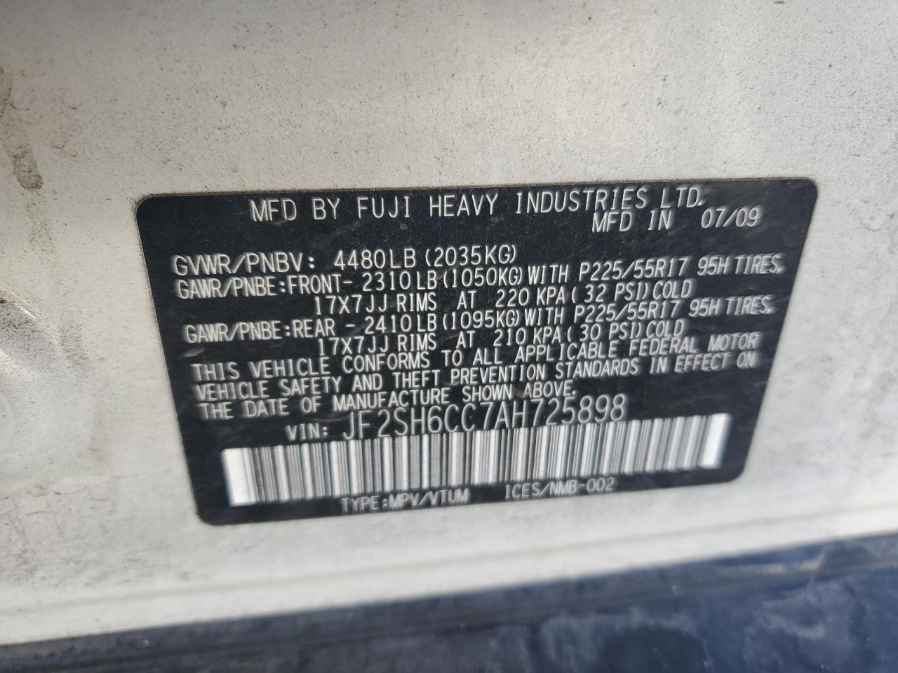 2010 Subaru Forester 2.5X Premium VIN: JF2SH6CC7AH725898 Lot: 85902485