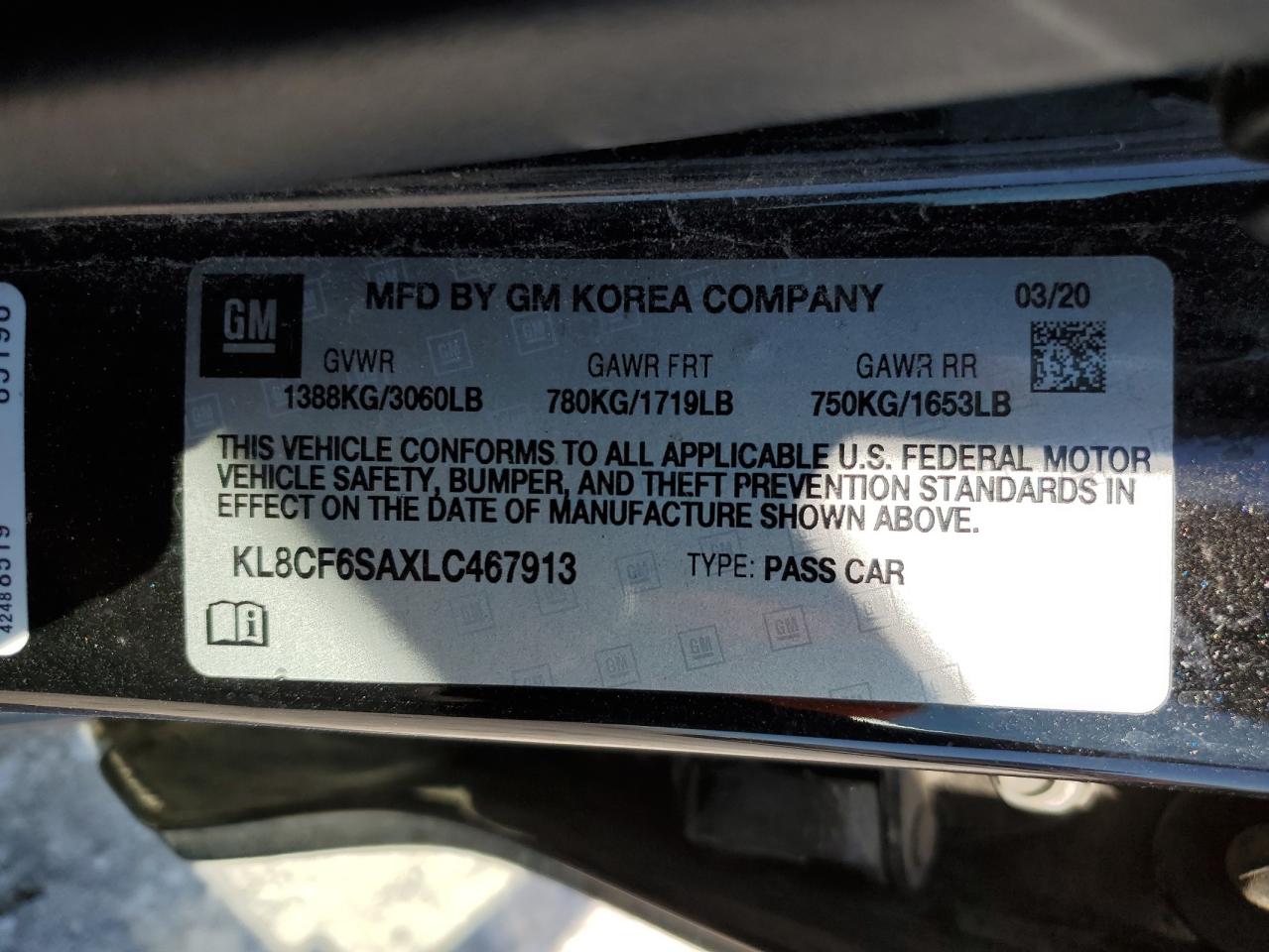 2020 Chevrolet Spark 2Lt VIN: KL8CF6SAXLC467913 Lot: 86781065