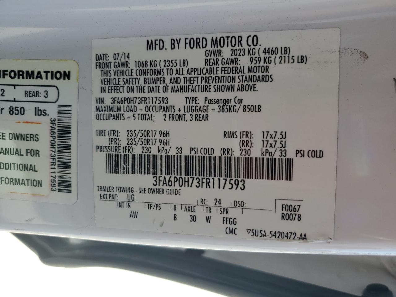 2015 Ford Fusion Se VIN: 3FA6P0H73FR117593 Lot: 87113185