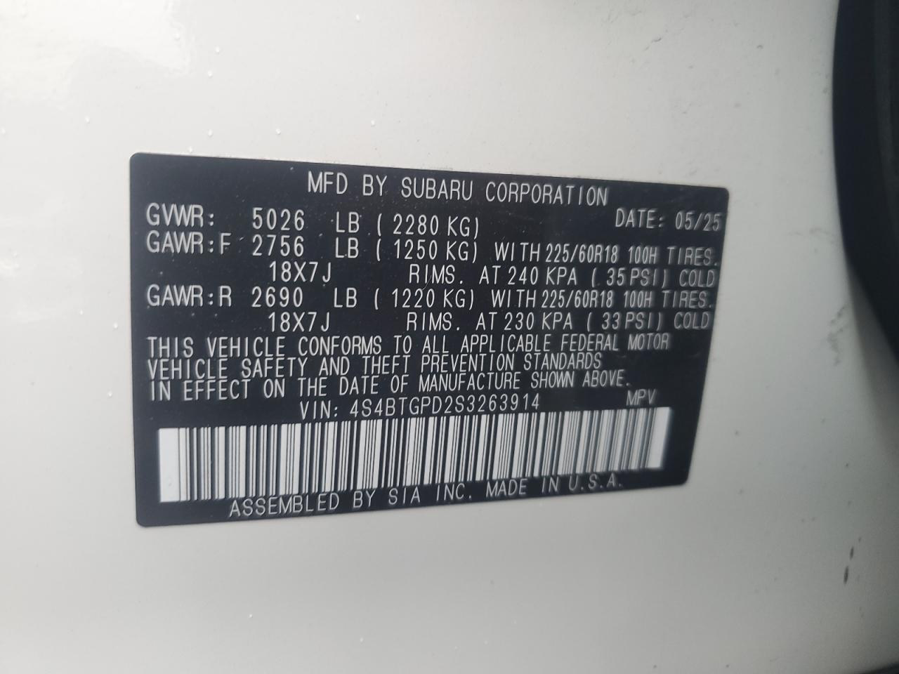 2025 Subaru Outback Touring VIN: 4S4BTGPD2S3263914 Lot: 84767375