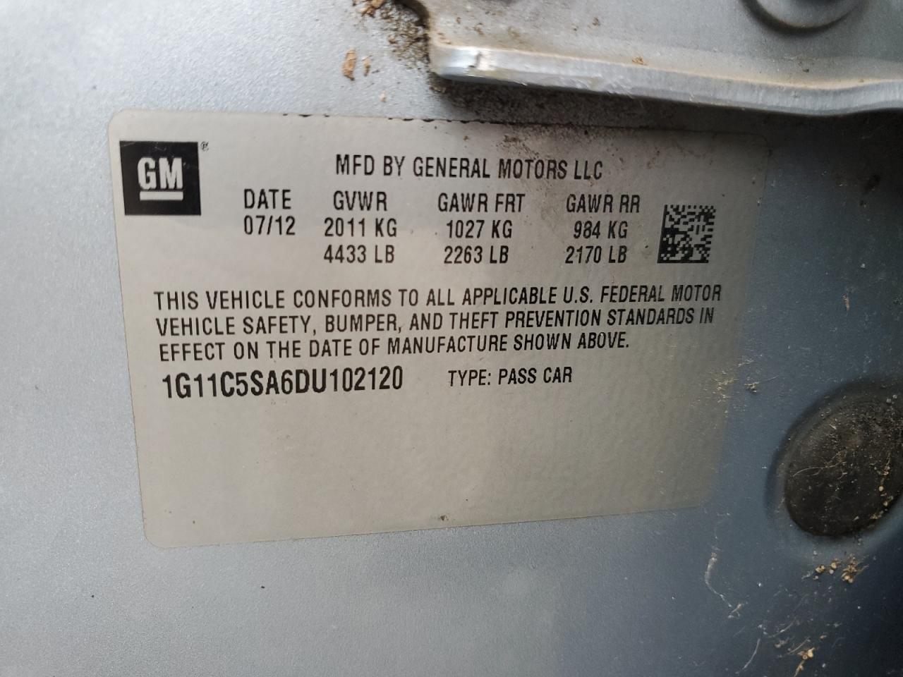 2013 Chevrolet Malibu 1Lt VIN: 1G11C5SA6DU102120 Lot: 86244615