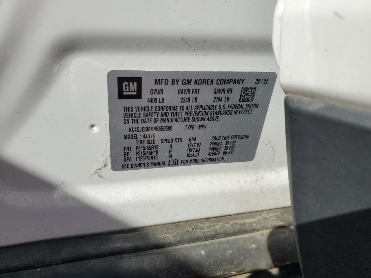 2022 Buick Encore Preferred VIN: KL4CJESMXNB558595 Lot: 89503365