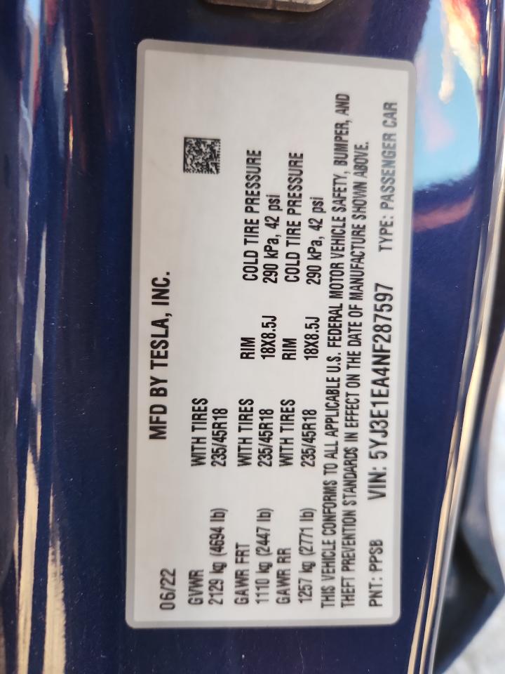 2022 Tesla Model 3 VIN: 5YJ3E1EA4NF287597 Lot: 82374495