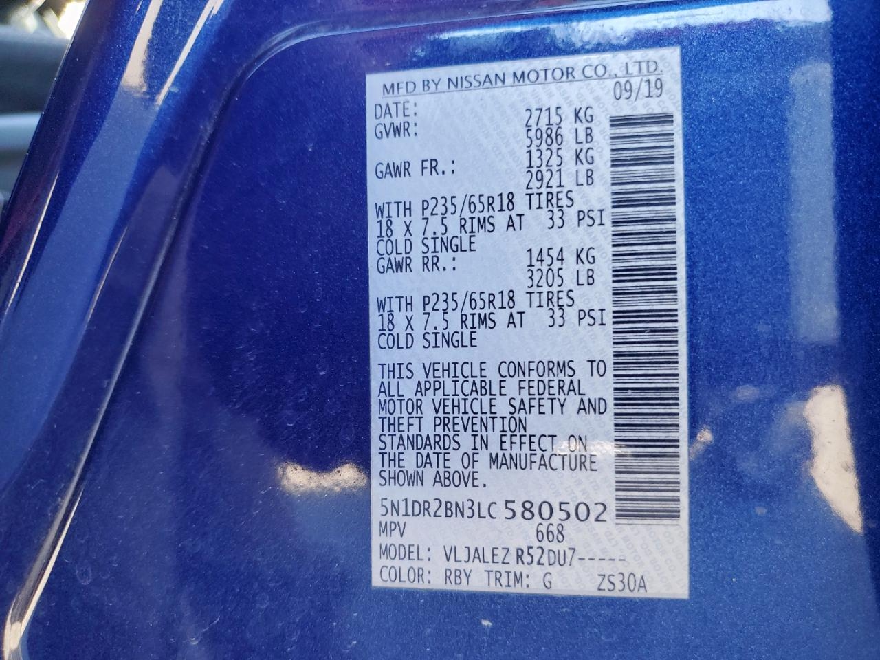 2020 Nissan Pathfinder Sv VIN: 5N1DR2BN3LC580502 Lot: 82286595