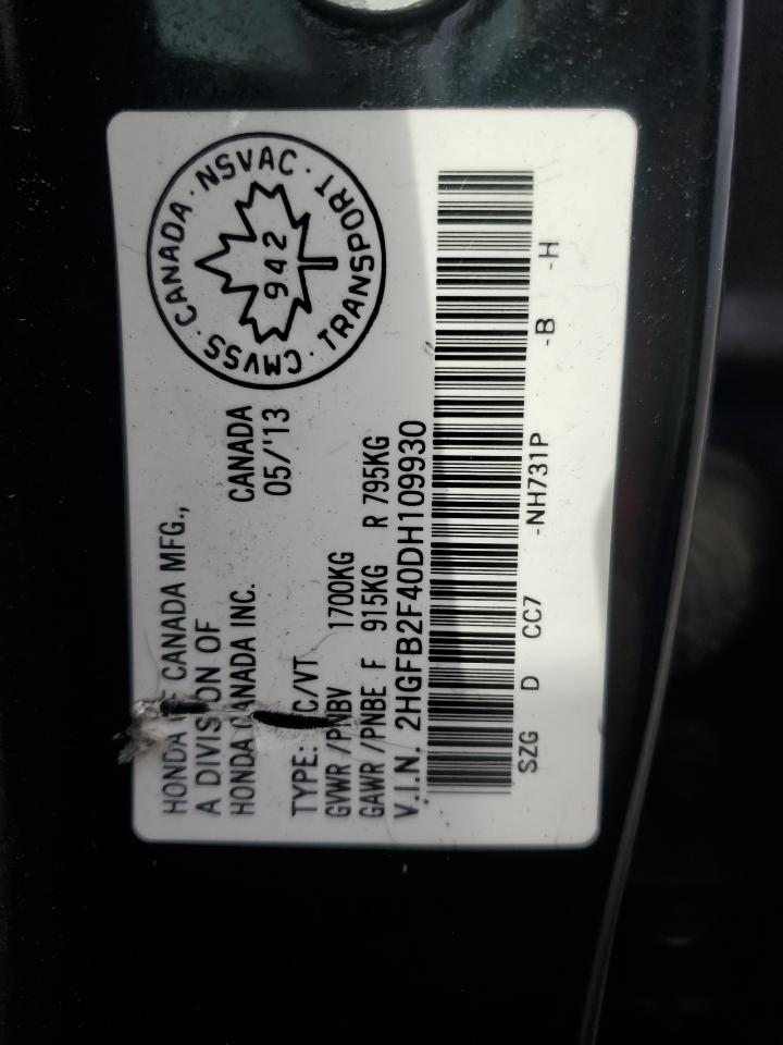 2013 Honda Civic Lx VIN: 2HGFB2F40DH109930 Lot: 85587925