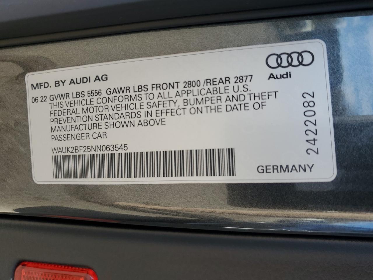 2022 Audi A6 Premium VIN: WAUK2BF25NN063545 Lot: 82272395