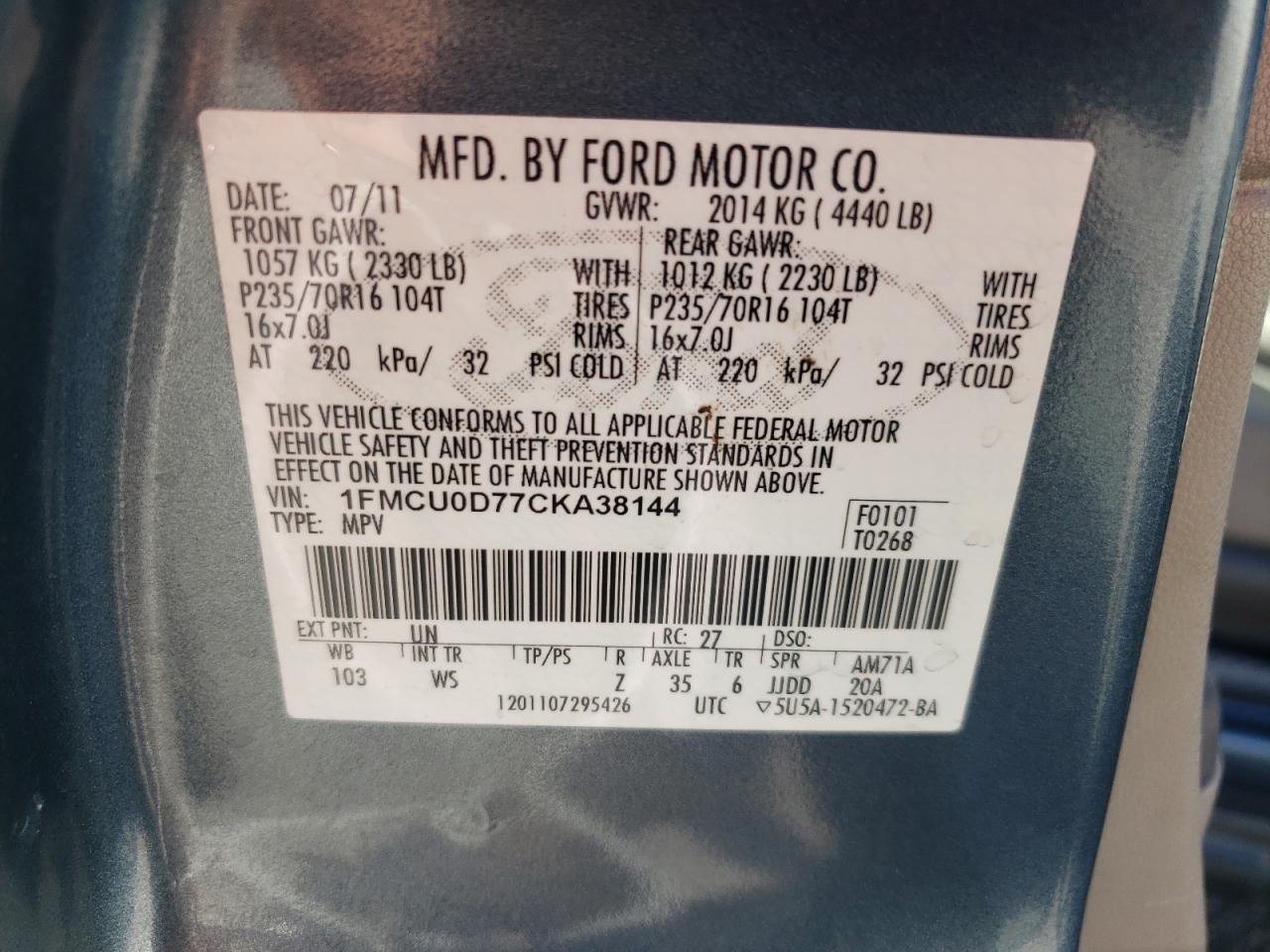 2012 Ford Escape Xlt VIN: 1FMCU0D77CKA38144 Lot: 81976265