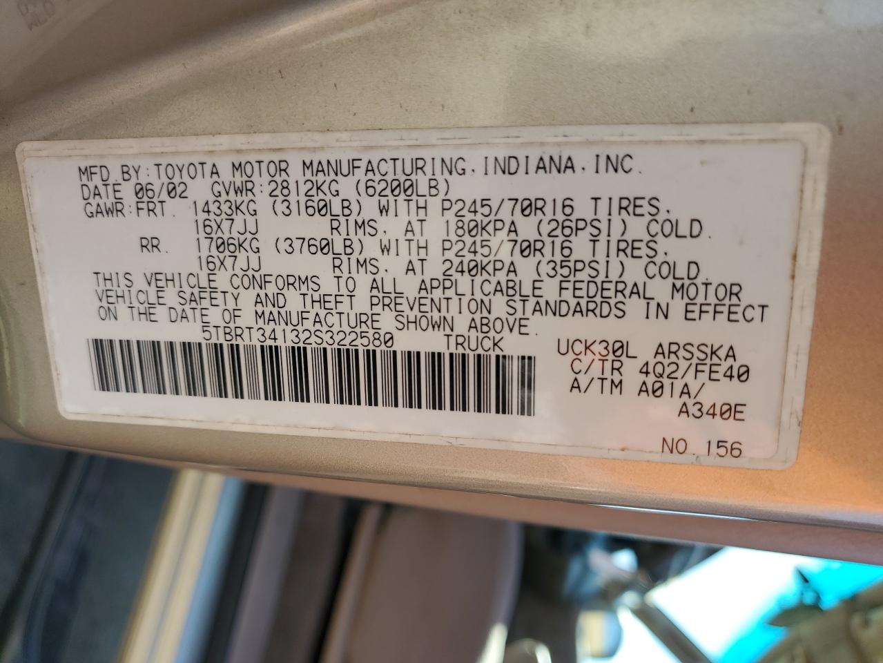 2002 Toyota Tundra Access Cab VIN: 5TBRT34132S322580 Lot: 82183185