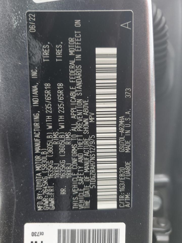 2022 Toyota Highlander Xle VIN: 5TDGZRAH7NS127975 Lot: 85719015