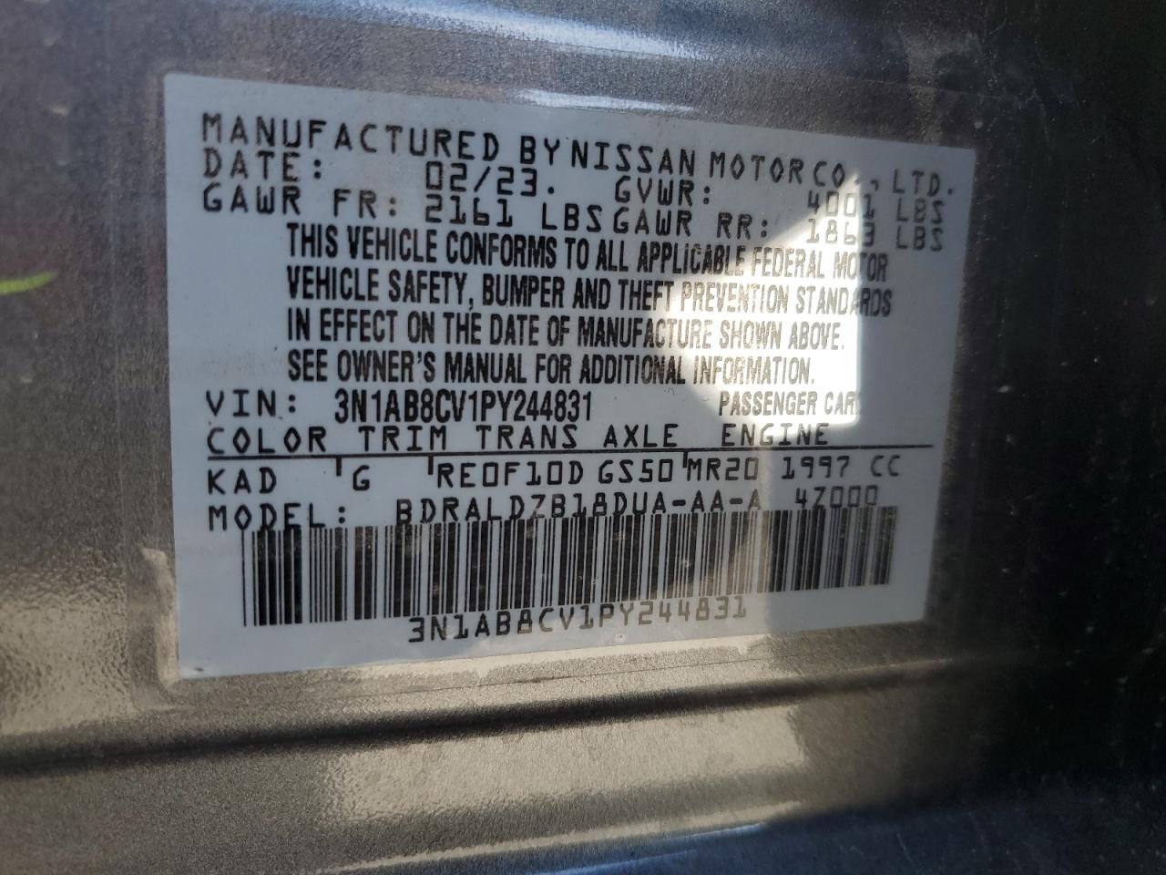 2023 Nissan Sentra Sv VIN: 3N1AB8CV1PY244831 Lot: 85888225