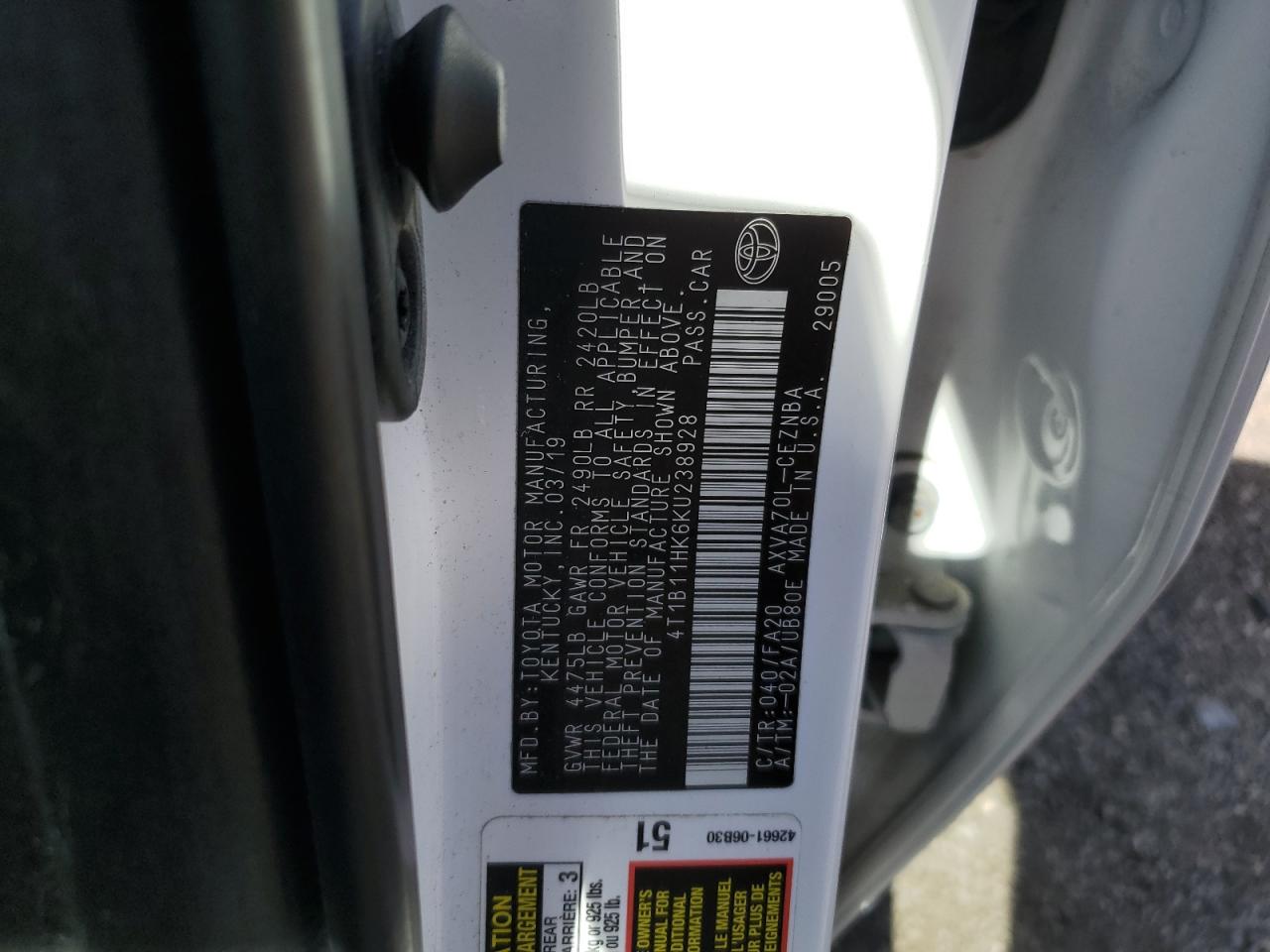 2019 Toyota Camry L VIN: 4T1B11HK6KU238928 Lot: 85359995